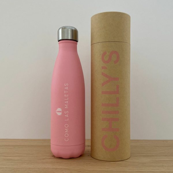 Botella termo rosa y su embalaje